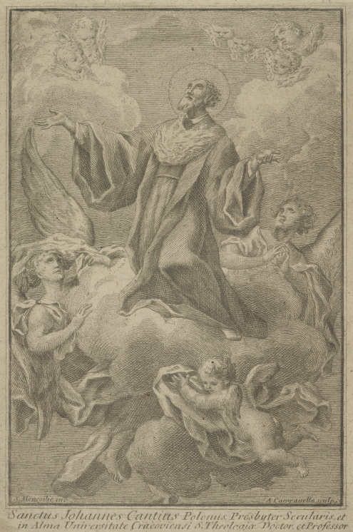Rycina przedstawiająca św. Jana Kantego, klęczącego pośród obłoków, z rękami uniesionymi w górę, ubranego w togę, w otoczeniu aniołów.