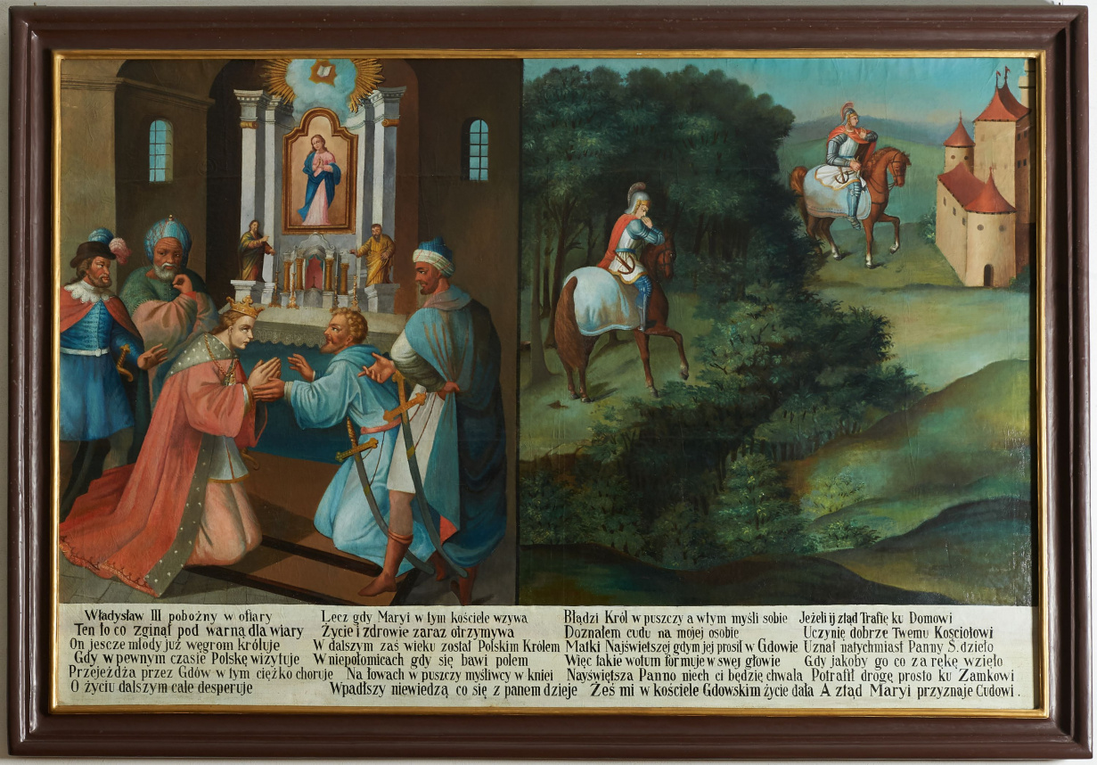 Obraz podzielony na dwie sceny. U dołu obrazu biały pas z czarnym napisem. Lewa scena ukazuje klęczącego przed ołtarzem króla, w towarzystwie czterech mężczyzn. Prawa scena ukazuje las, w którym zgubił się król na koniu, ubrany w zbroje, podczas polowania