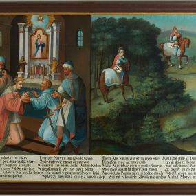 Obraz podzielony na dwie sceny. U dołu obrazu biały pas z czarnym napisem. Lewa scena ukazuje klęczącego przed ołtarzem króla, w towarzystwie czterech mężczyzn. Prawa scena ukazuje las, w którym zgubił się król na koniu, ubrany w zbroje, podczas polowania