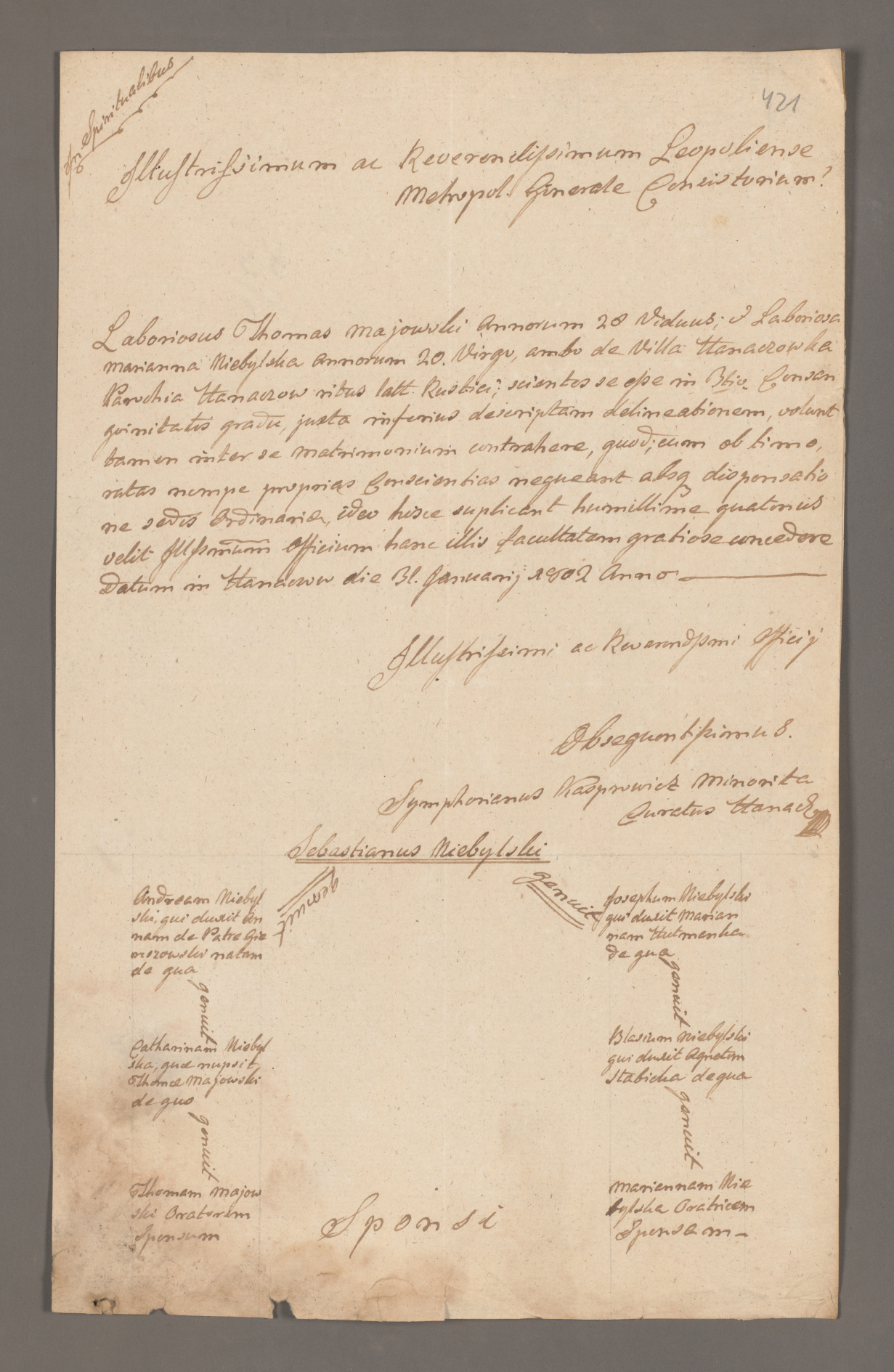 Zdjęcie ukazujące kartę z Akt Konsystorskiech z Archiwum Archidiecezji Lwowskiej  z drzewem genealogicznym, sygnatura AK 80, karta 421.