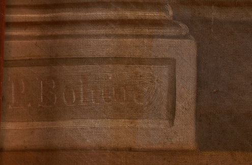 Fragment obrazu ukazujący cokół z sygnatura malarza: "P. Bohúň".
