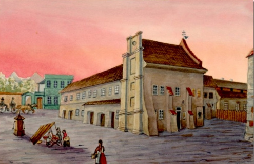 Obraz z przedstawieniem dawnych zabudowań kościoła i szpitala św. Ducha na tle zabudowy miejskiej. Przed kościołem plac, na którym widoczne pojedyncze postacie.