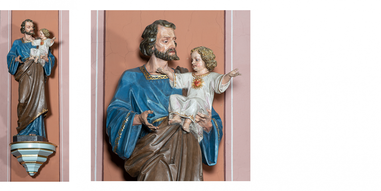 Dwa zdjęcia przedstawiające: figurę św. Józefa z Dzieciątkiem oraz zbliżenie tej rzeźby.