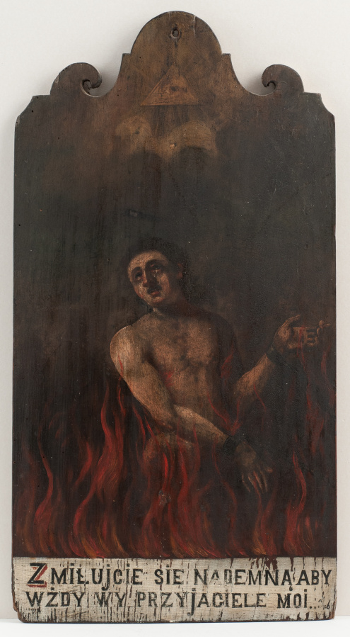 Obraz przedstawiający Duszę w Czyśćcu, czyli nagiego mężczyznę, stojącego w płomieniach, który ma ręce skute kajdanami. Na dole obrazu napis : Zmiłujcie się nade mną aby wżdy wy przyjaciele moi.
