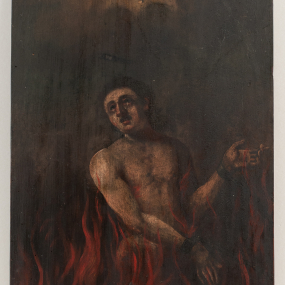 Obraz przedstawiający Duszę w Czyśćcu, czyli nagiego mężczyznę, stojącego w płomieniach, który ma ręce skute kajdanami. Na dole obrazu napis : Zmiłujcie się nade mną aby wżdy wy przyjaciele moi.