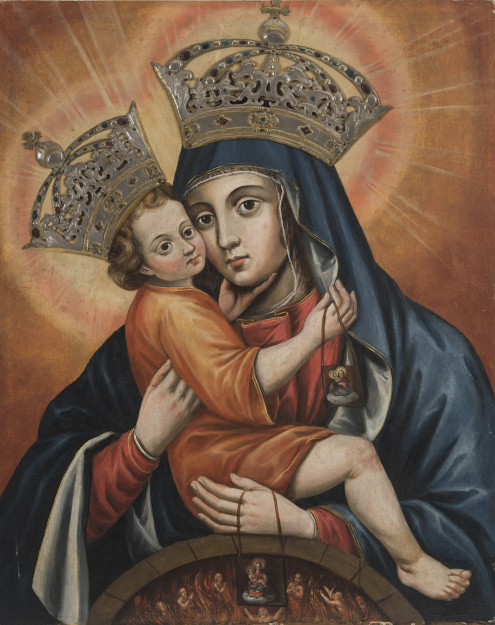 Obraz przedstawiający Matkę Boską z Dzieciątkiem. Maria ukazana jest w półpostaci, ma Dzieciątko Jezus na rękach.  W dolnej części obrazu, w półkolu przedstawione są dusze w czyśćcu.
