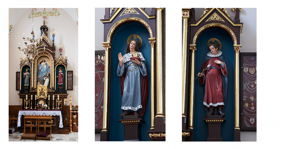 Trzy zdjęcia przedstawiające: neogotycki ołtarz boczny, figurę św. Kazimierza Jagiellończyka, figurę św. Alojzego Gonzagi.