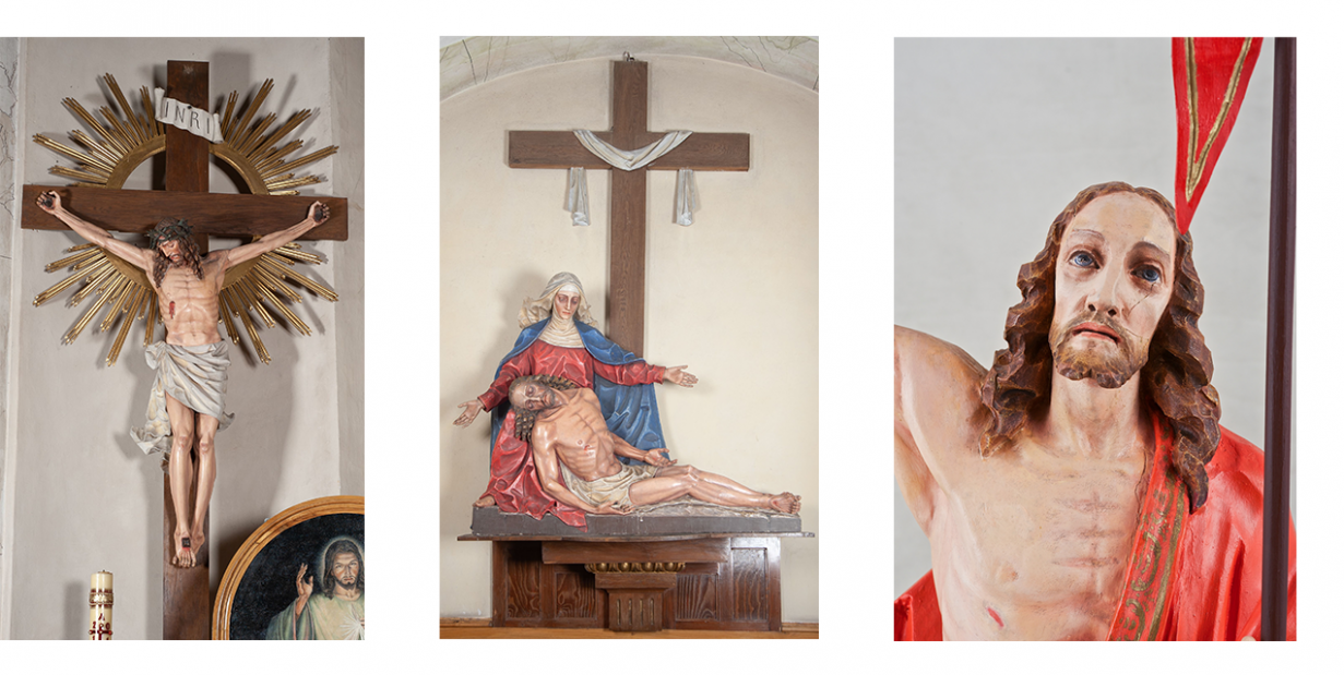 Trzy zdjęcia przedstawiające rzeźby: Chrystus Ukrzyżowany, Pieta (Matka Boska pod krzyżem, trzymająca na kolanach martwe ciało Chrystusa), fragment rzeźby Chrystus Zmartwychwstały.