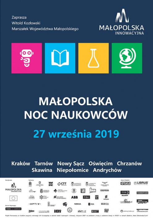 Plakat "Małopolska Noc Naukowców 27 września 2019".