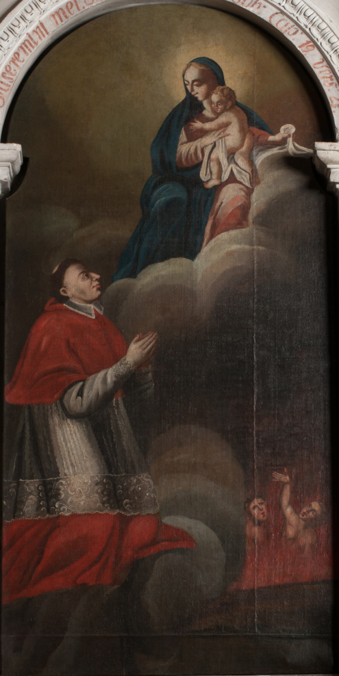 Obraz przedstawia świętego Karola Boromeusza klęczącego przed Matką Boską z Dzieciątkiem, który wstawia się za duszami w czyśćcu.