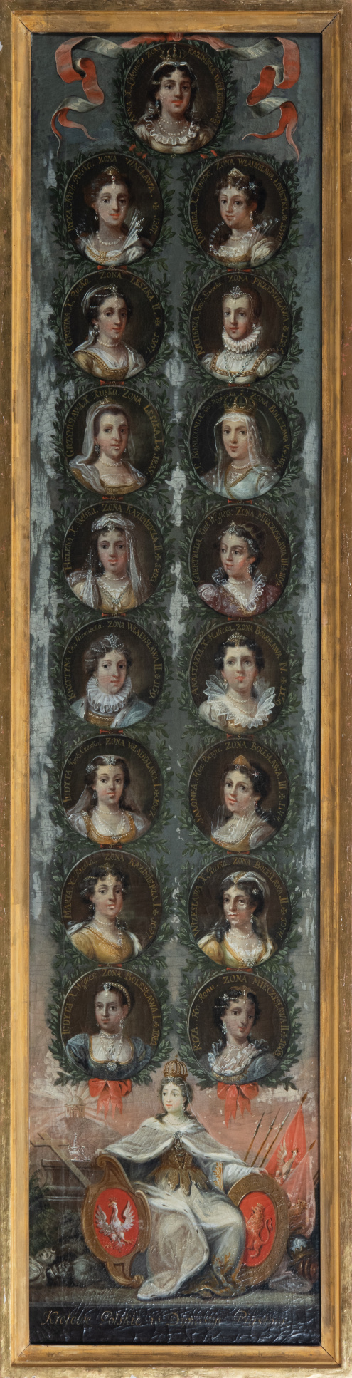 Obraz Michała Stachowicza przedstawiający portrety żon królów z dynastii Piastów w siedemnastu owalnych medalionach.