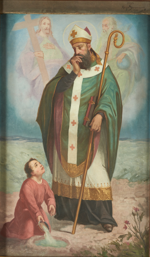 Obraz ołtarzowy w kościele w Trzemeśni z całościowym przedstawieniem św. Augustyna, stojącego na plaży, na której bawi się dziecko; w tle zarysowana Trójca Święta.