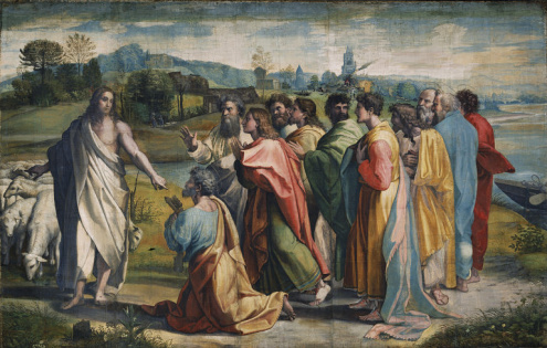 Zdjęcie kartonu Rafaela Santi, przedstawiające scenę wręczenia przez Chrystusa kluczy św. Piotrowi, w towarzystwie innych apostołów, na tle pejzażu.