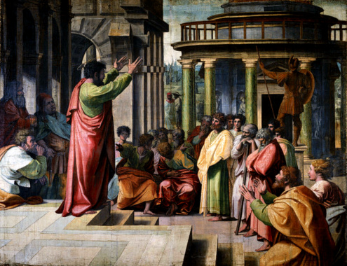 Zdjęcie kartonu Rafaela Santi, przedstawiające scenę kazania św. Piotra w Atenach, na tle architektury.