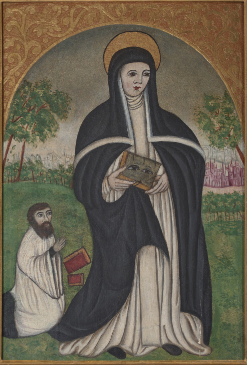 Zdjęcie z wizerunkiem św. Otylii i klęczącego u jej stóp zakonnika.