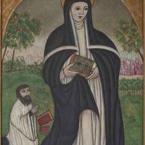 Zdjęcie przedstawia świętą Otylię oraz klęczącego u jej stóp zakonnika.