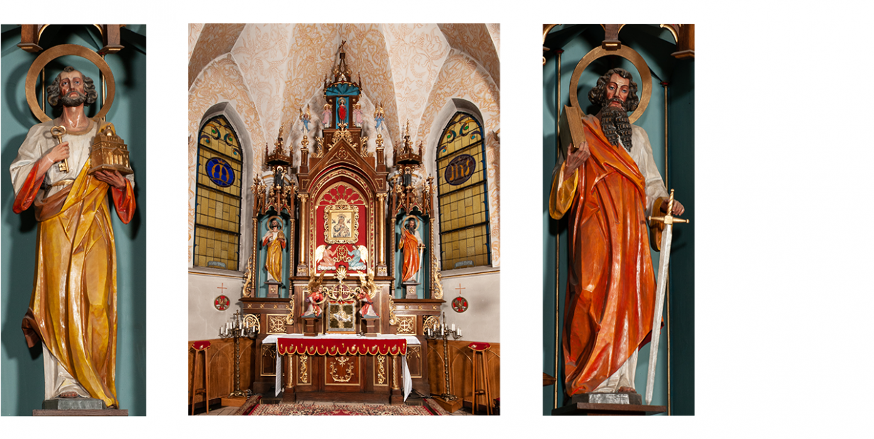 Trzy zdjęcia przedstawiające: figurę św. Piotra, neogotycki ołtarz główny, figurę św. Pawła.