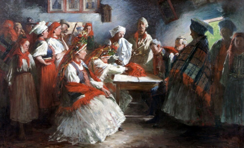 Zdjęcie obrazu Włodzimierza Tetmajera ukazującego zrękowiny (zaręczyny), 1894