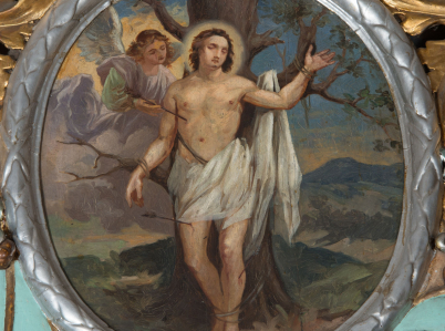 Obraz ołtarzowy przedstawiający św. Sebastiana przywiązanego do drzewa, któremu z boku wyjmuje strzałę anioł, w kościele w Trzemeśni.