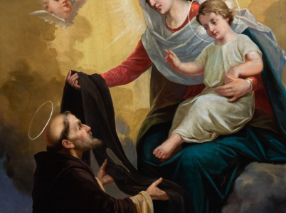 FRagment obrazu z przedstawieniem Matki Boskiej z Dzieciątkiem przekazującej szkaplerz św. Szymonowi Stockowi w kościele w Zembrzycach.
