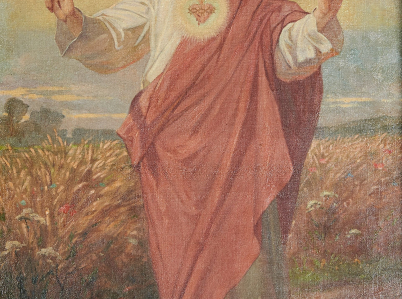 Obraz przedstawiający idącego pośród pół Chrystusa z gorejącym sercem na piersi w kościele w Gdowie.