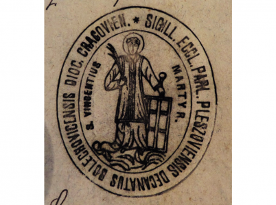 Pieczęć parafii św. Wincentego w Pleszowie, księga urodzeń,  1890-99, Archiwum Narodowe w Krakowie
