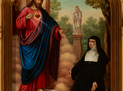Obraz ukazujący świętą zakonnicę klęczącą przez kapliczką z monstrancją, na tle której, pośród obłoków, ukazuje się jej Chrystus z gorejącym sercem. W tle widoczny pejzaż z posągiem Matki Boskiej z Dzieciątkiem na cokole.