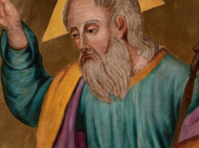 Fragment obrazu z przedstawieniem Boga Ojca jako starca. Wokół jego głowy trójkątny, złocony nimb.
