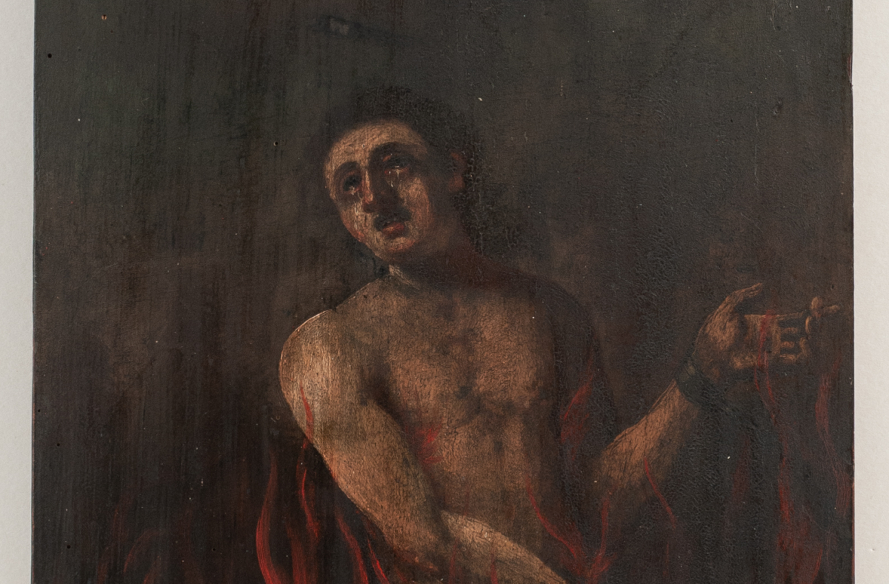 Obraz przedstawia Duszę w Czyśćcu, czyli nagiego mężczyznę, stojącego w płomieniach, który ma ręce skute kajdanami. Na dole obrazu napis : Zmiłujcie się nade mną aby wżdy wy przyjaciele moi.