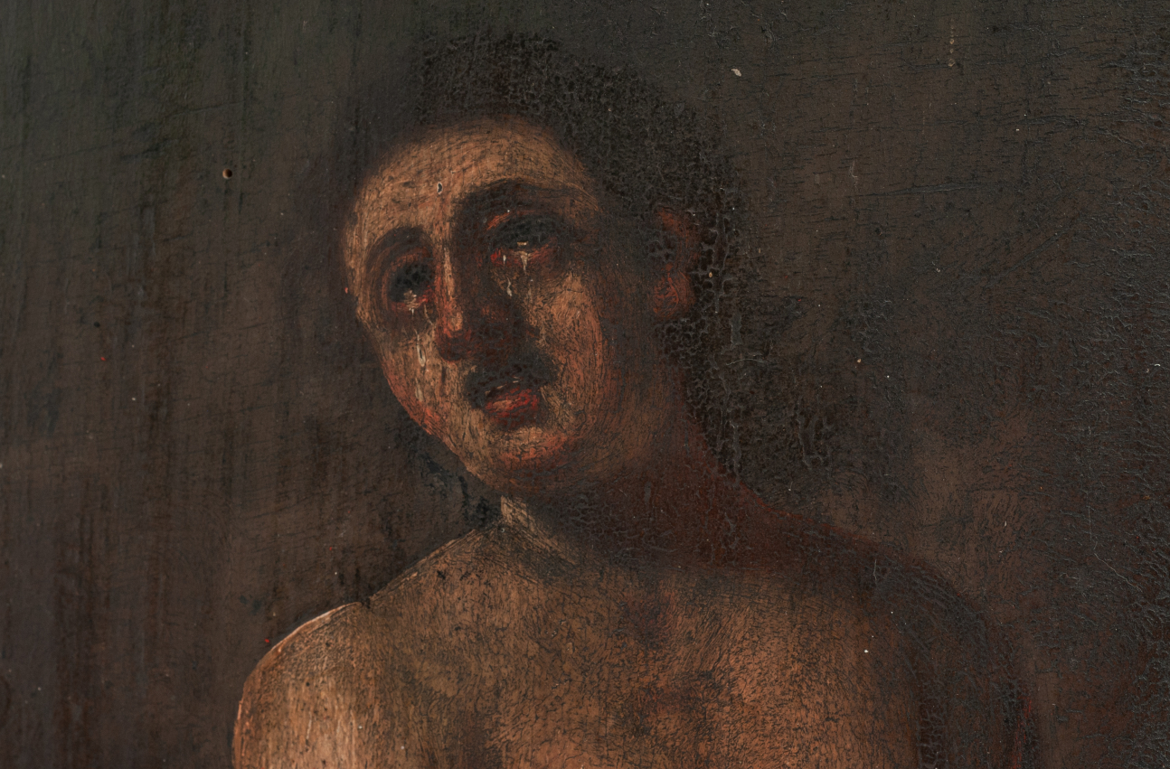 Fragment obrazu Dusza czyśćcowa przedstawiający zbliżenie na twarz mężczyzny, z którego oczu płyną obficie łzy.