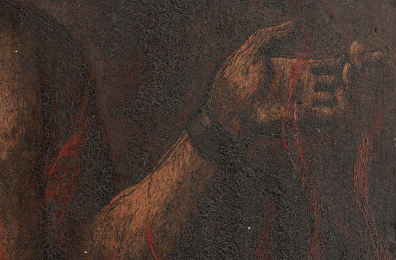 Fragment obrazu Dusza czyścowa ze zbliżeniem na rękę skutą kajdanami.