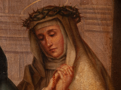 Fragment obrazu ze świętą zakonnicą w białym welonie i koronie cierniowej. Nad jej głową złocony nimb.