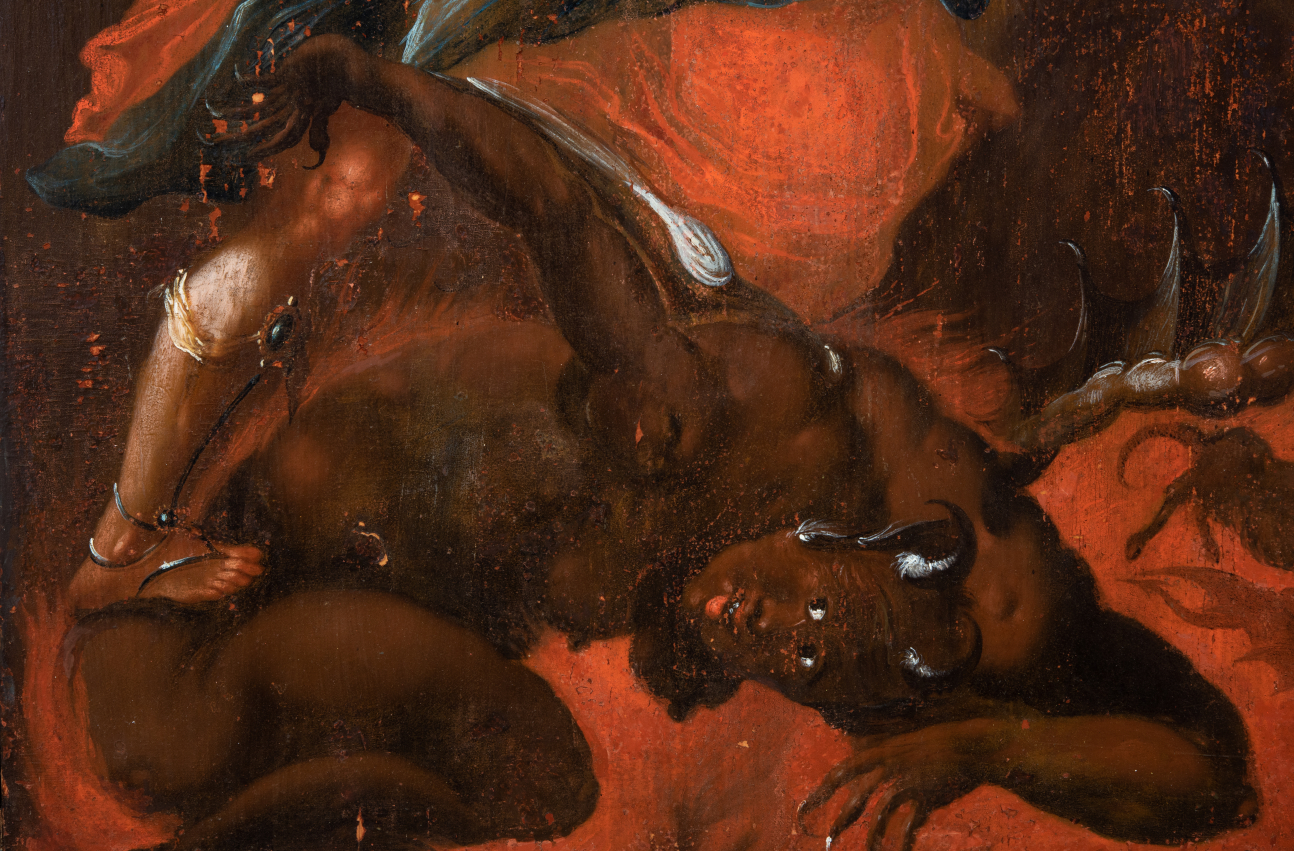 Zdjęcie 22. Fragment obrazu św. Michał Archanioł. W centrum skulony diabeł o ciemnej karnacji.
