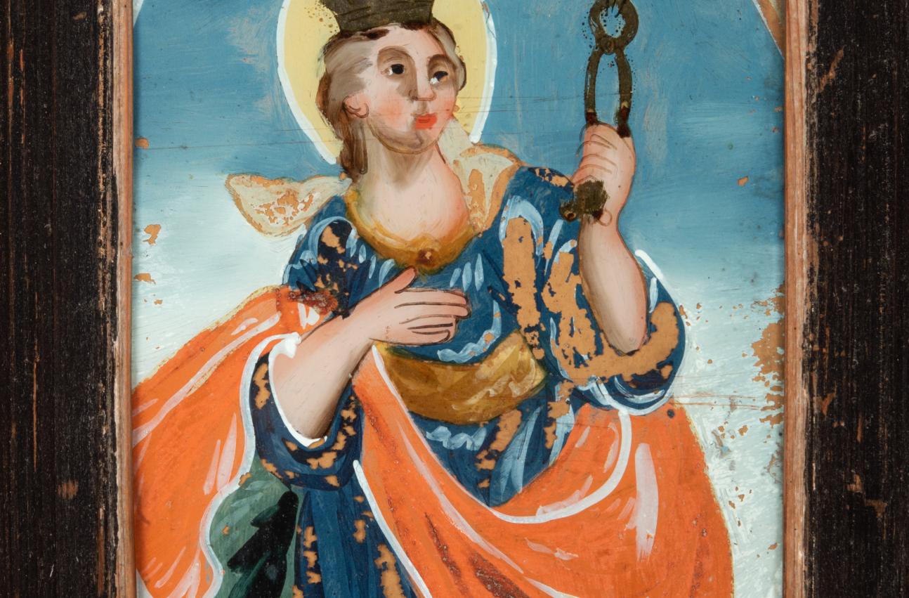Zdjęcie 23. Obraz na szkle święta Apolonia. Święta trzyma obcęgi w lewej dłoni.