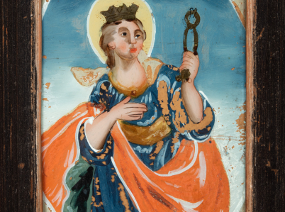 Obrazek w ramce, przedstawiający w owalu św. Apolonię w ozdobnej sukni, trzymającej w lewej dłoni obcęgi z zębem.
