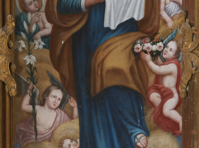 Obraz ołtarzowy ukazujący św. Józefa w całej postaci, podtrzymującego w ramionach Dzieciątko Jezus. Święty stoi na obłoku, na tle rozświetlonego nieba, w otoczeniu aniołków trzymających lilię i kwiaty oraz uskrzydlonych główek anielskich.
