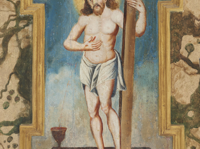 Scena ukazuje Chrystusa Eucharystycznego, z którego boku tryska krew do kielicha stojącego na podeście. W lewej dłoni Chrystus trzyma krzyż.