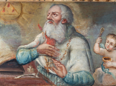 Obraz przedstawiający świętego Augustyna z gorejącym sercem na piersi i aniołkiem z łyżką i miseczką w dłoniach.