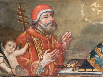 Obraz na szafie zakrystyjnej. Przedstawia świętego Kleta z aniołkiem, który trzyma w dłoni palmę męczeństwa i krzyż papieski. W prawym górnym narożu obrazu napis: „FAC HVIC SIGNO HONOREM”.
