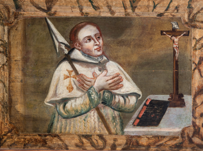Obraz na szafie zakrystyjnej przedstawiający św. Demetriusza z włócznią opartą o prawe ramię. Święty ukazany w półpostaci ze skrzyżowanymi na piersi rękami.