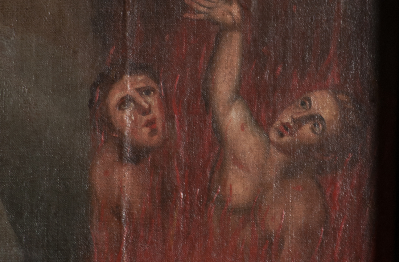 Fragment obrazu Karol Boromeusz wstawiający się za duszami czyścowymi do  Matki Boskiej. Na fragmencie widoczne dwaj mężczyżni w płomieniach czyśćca.