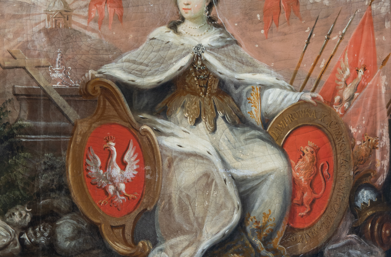 Fragment obrazu Michała Stachowicza pod tytułem "Portrety żon królów z dynastii Piastów". W centrum widoczna kobieta trzymająca dwa godła narodowe.