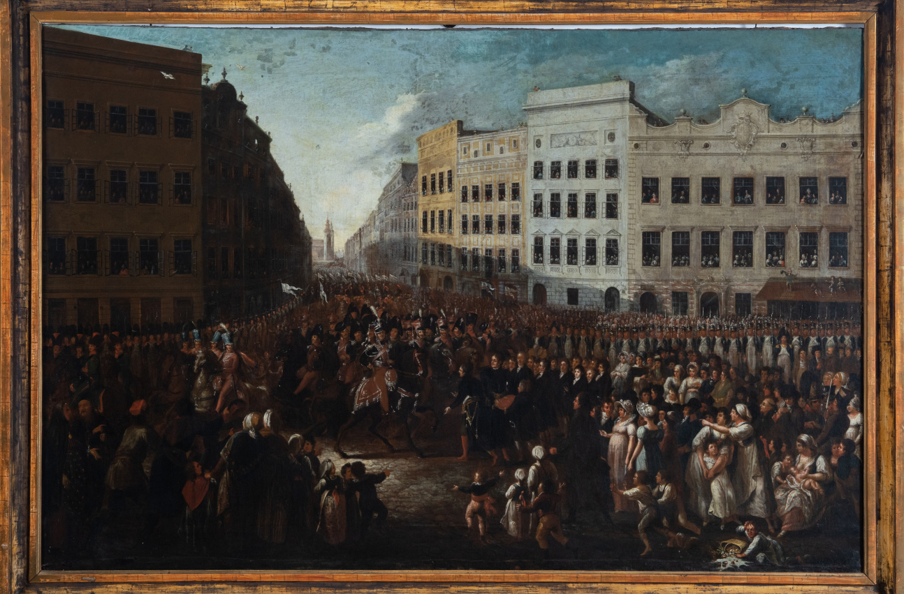 Obraz Michała Stachowicza pod tytułem "Wjazd księcia Józefa do Krakowa". W centrum kompozycji widoczny licznie zgromadzony tłum, w oddali kamienice.