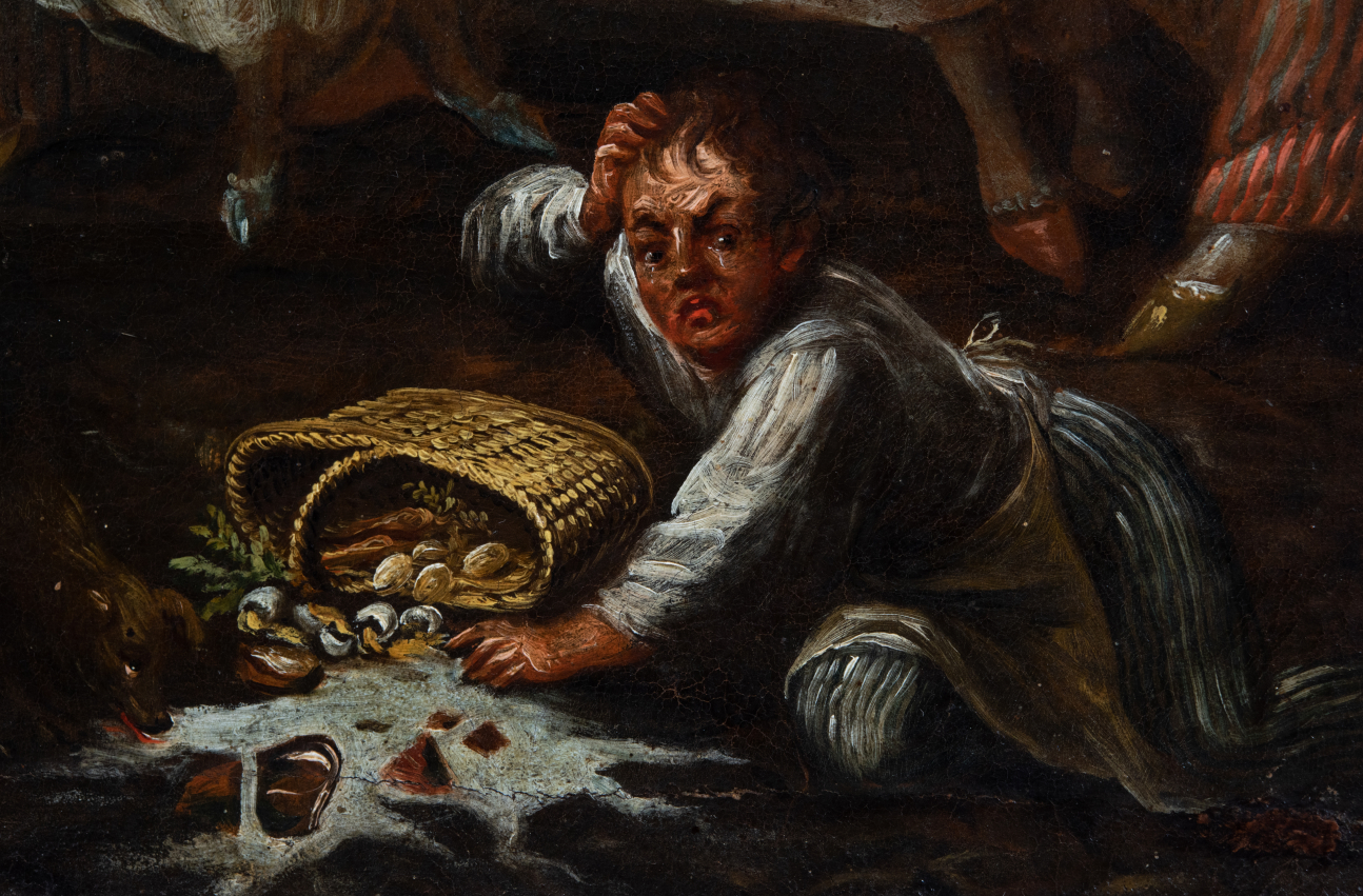 Fragment obrazu Michała Stachowicza pod tytułem "Wjazd księcia Józefa do Krakowa". Obraz przedstawia chłopca, który pochyla się nad przewróconym koszykiem i rozbitym dzbankiem mleka.