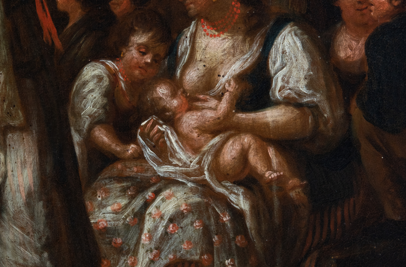 Fragment obrazu Michała Stachowicza pod tytułem "Wjazd księcia Józefa do Krakowa". W centrum widoczna kobieta  karmiąca piersią niemowlę.