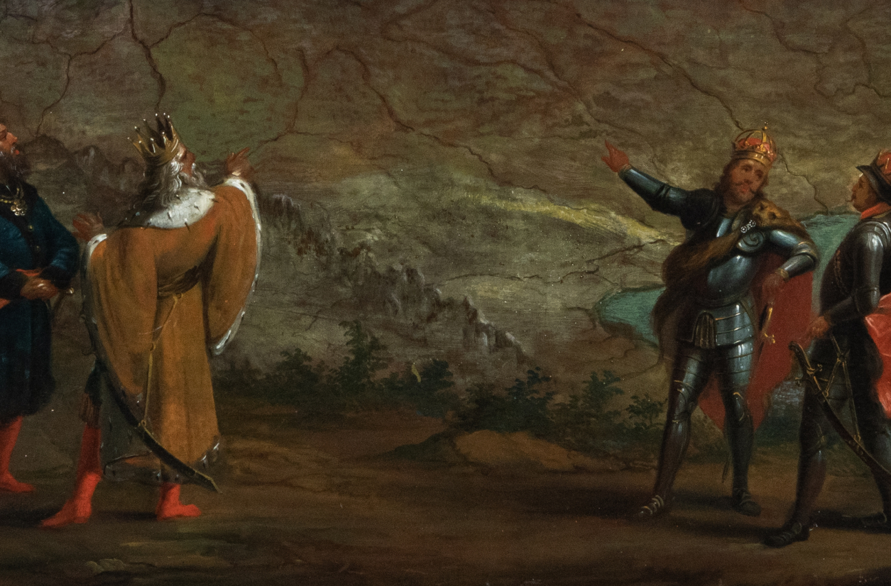 Fragment obrazu Michała Stachowicza pod tytułem "Niezbadana przyszłość Polski".  Przedstawia zbliżenie na dyskutujących i gestykulujących królów.
