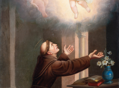 Obraz przedstawiający św. Antoniego klęczącego we wnętrzu, z uniesioną głową i rękami. Ponad nim pośród obłoków i aniołków ukazane Dzieciątko.