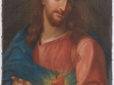 Obraz przedstawiający Chrystusa w półpostaci, który w lewej, wyciągniętej ręce trzyma gorejące serce, a prawą wskazuje na nie.
