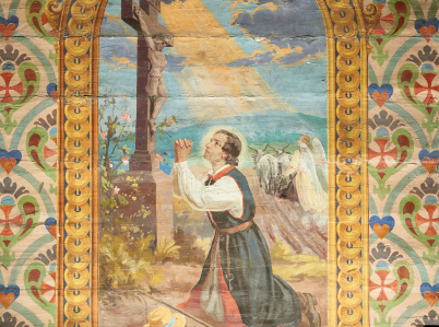Zdjęcie fragmentu polichromii kościoła w Trzemeśni z przedstawieniem św. Izydora Oracza modlącego się przed kapliczką, wśród pól, które orzą aniołowie.