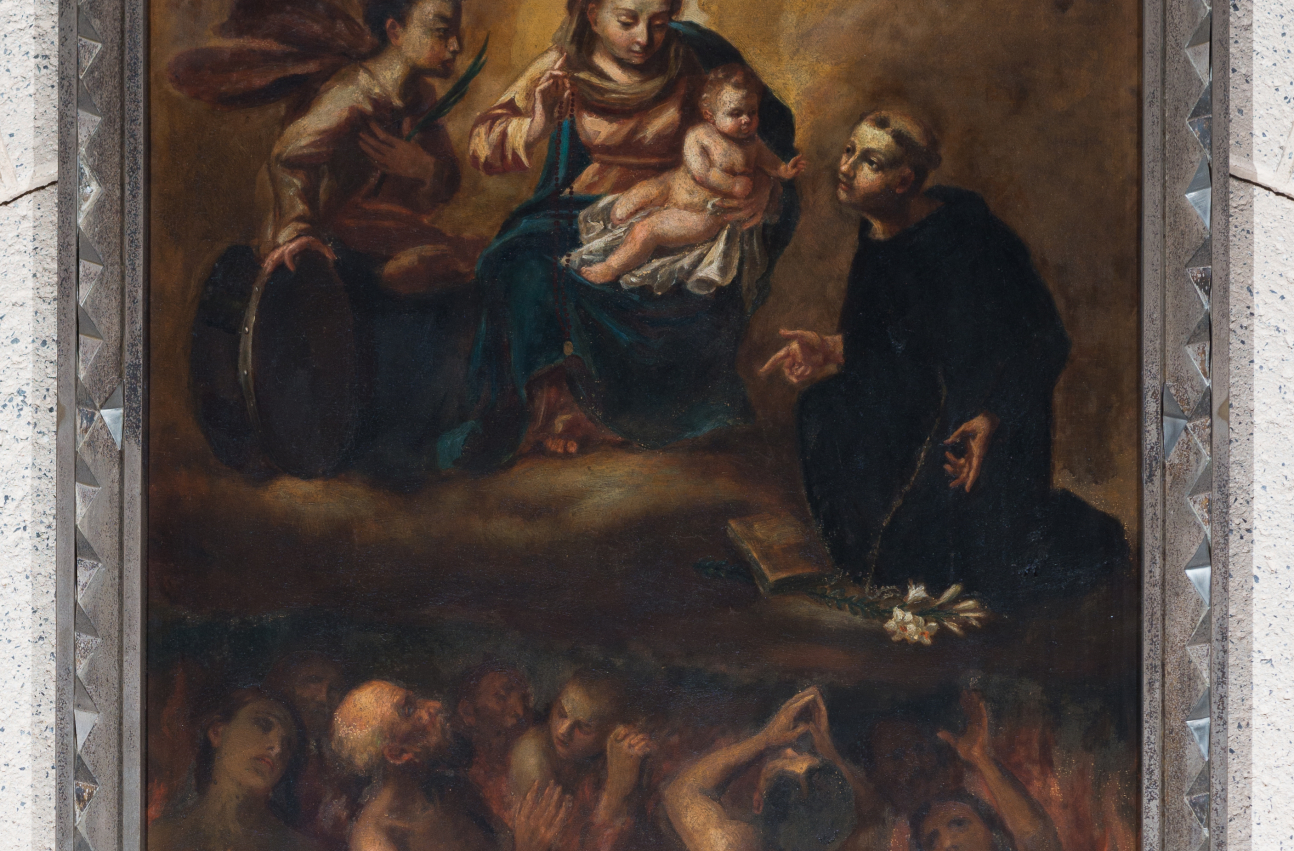 Obraz przedstawia w dolnej części nagie postacie w płomieniach czyśćca. W górnej części obrazu znajdują się św. Katarzyna oraz św. Antoni, którzy wstawiają się za duszami czyścowymi do Matki Boskiej z Dzieciątkiem, znajdującej się pośrodku obrazu.